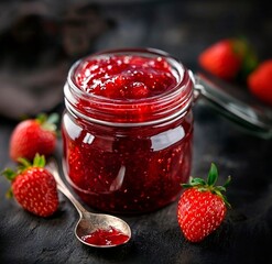 Strawberry jam in glass jar surrounded by fresh strawberries
