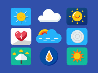 Obraz premium Collection of Weather and Health Icons in a Flat Design Style with Bright Colors on a Blue Background