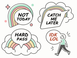 Set of Hand Drawn Speech Bubbles with Rainbows and Funny Phrases for Social Media and Messaging