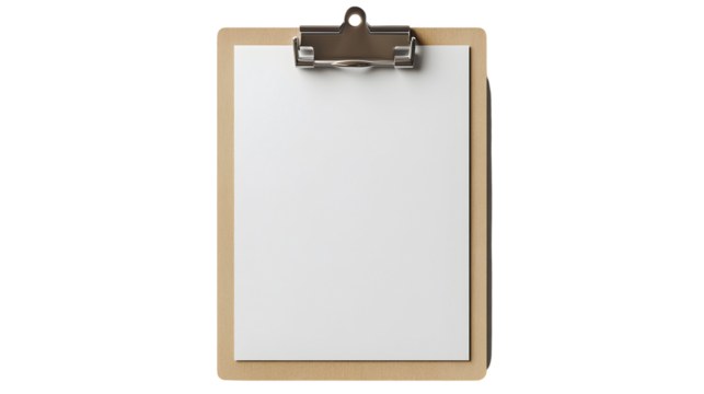Blank clipboard with white paper on wooden surface for writing and note-taking