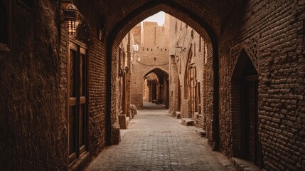 Fototapeta premium Ancient Stone City Alleyway: Brown Brick Walls and Archways