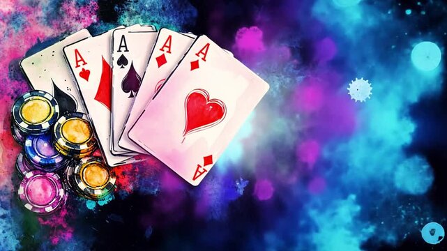 Colorful playing cards with four aces and poker chips on a vibrant abstract background