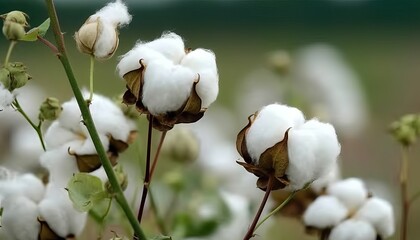 Ripe cotton flowers on green background of real nature 