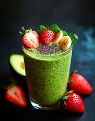 Green smoothie with chia seeds, banana and strawberry slices in a glass