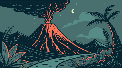 Volcano eruption landscape illustration with palm tree and moon in the night nature scenery view