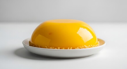 Fototapeta premium A glossy, yellow dome-shaped dessert sits on a small, white plate, showcasing a smooth texture.
