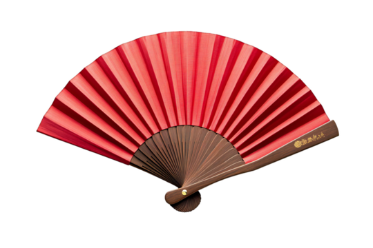 Elegant red oriental hand fan featuring traditional craftsmanship and delicate design on transparent background