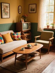Fototapeta premium Retro Living Room with Vintage Furniture and Warm Decor