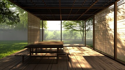 Fototapeta premium Serene outdoor pavilion with wooden table, benches, and translucent walls overlooking a misty green garden