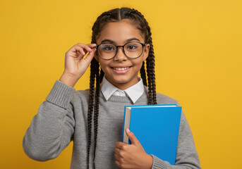 A smiling young girl with braids and glasses holds a book