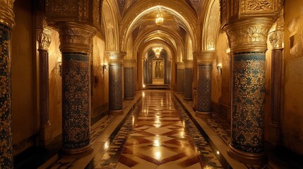 Opulent hallway with ornate columns, arched ceilings, and a gleaming floor.  Intricate detailing and warm lighting create a luxurious atmosphere
