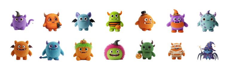 Cute Halloween Monsters Collection, Cartoon Plush Characters, Transparent Background.