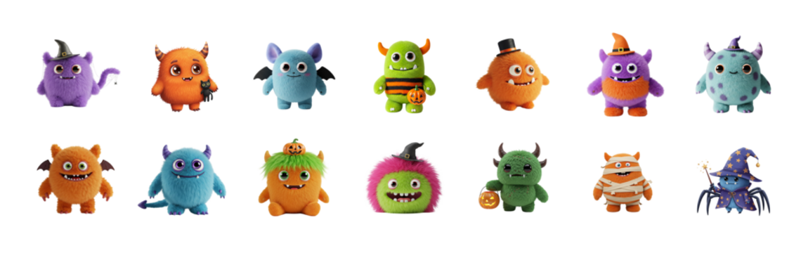 Cute Halloween Monsters Collection, Cartoon Plush Characters, Transparent Background.
