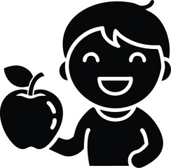 A cheerful boy smiles while holding a fresh apple