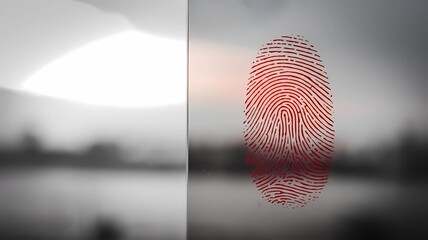 Red fingerprint on a reflective surface with blurred background in grayscale and a light reflection
