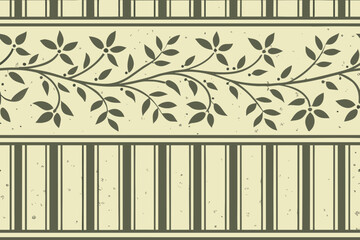 Elegant vintage floral wallpaper with stripes, Seamless botanical pattern in green and beige
