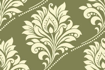 Ornamental cream floral pattern on olive green background, Seamless vintage damask wallpaper design or fabric or textile or print