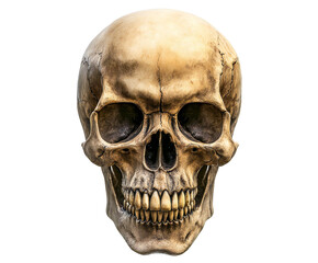 Realistic human skull anatomical model displaying intricate bone structure isolated against white backdrop on transparent background