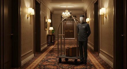 Elegant Hotel Hallway with Bellhop and Luggage Cart Awaiting Guests