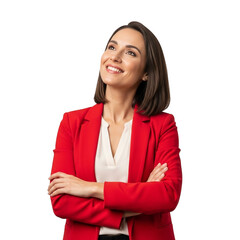 Confident businesswoman in red suit looking up optimistically