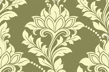 Olive green floral damask pattern, Vintage botanical wallpaper for textiles, decor and print projects