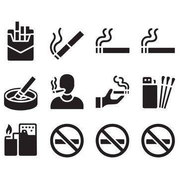 Collection of black and white icons representing smoking and no smoking symbols with cigarettes lighters and ashtrays