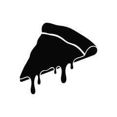 Black silhouette of pizza slice with melted cheese dripping, fast food icon on white background