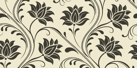 Elegant black lotus floral seamless pattern on beige background for wallpaper or textile design