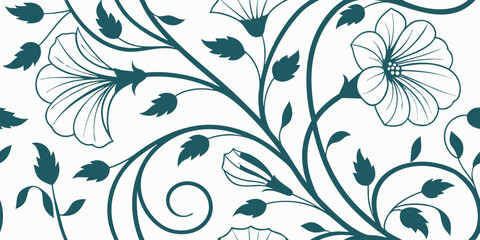 Graceful teal floral pattern with curved vines and blossoms, Elegant botanical design for fabric, wallpaper or stationery