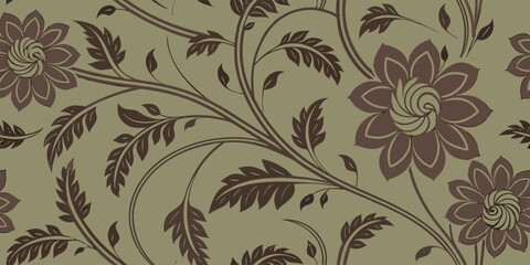 Elegant brown floral pattern on olive background ,Botanical design with swirling vines and petals