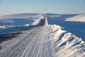 Winter road to Murmansk-Teriberka. Kola Peninsula, Russia