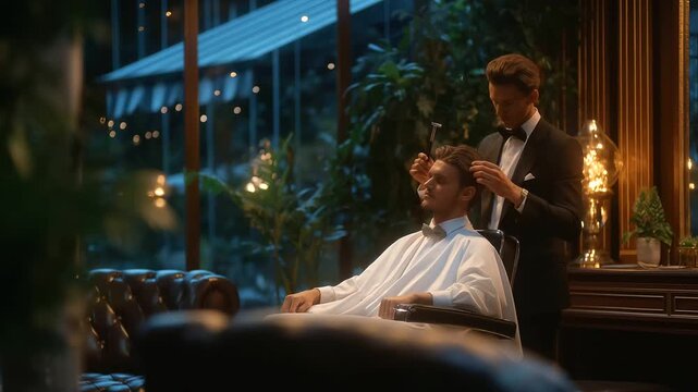 Barber caring for client with razor in a well-lit shop