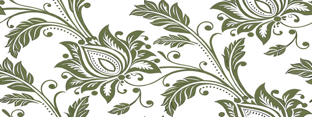 Elegant green floral swirl pattern on white background for wallpaper, textile and decorative design projects