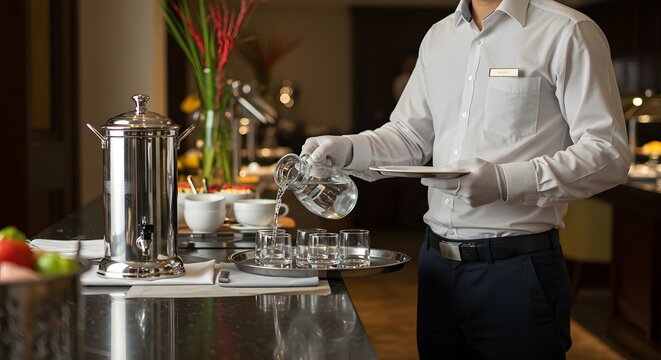 Professional Server Pouring Water at Hotel Buffet or Catering Event, Emphasizing Attentive Hospitality - Powered by Adobe