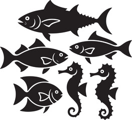Diverse marine life silhouettes featuring fish and seahorses animal ocean