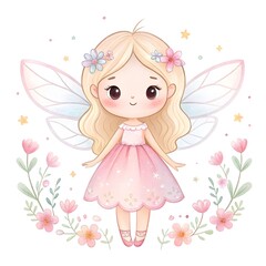 Cute blonde fairy girl in pink dress with delicate wings and flowers