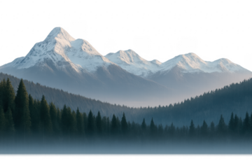 Snowy mountain range towering over a misty forest with transparent background