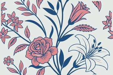 Vintage floral pattern with roses and lilies, Pink and blue botanical wallpaper for textile and decor