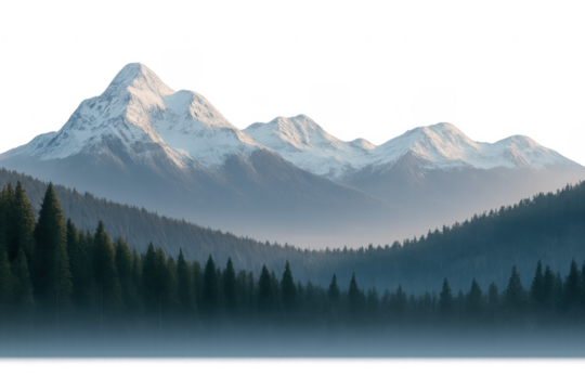 Snowy mountain range towering over a misty forest with transparent background