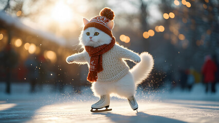 white fluffy cat in sweater and hat with scarf, ice skating on Christmas evening skating rink in winter.
