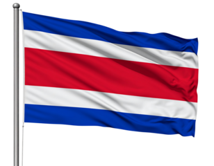 Waving Costa Rica Flag with Emblem, Side-Angled Motion, Isolated PNG.