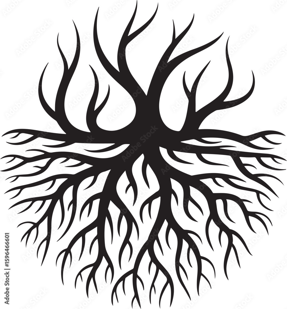 Poster intricate black tree branches and roots forming a circular pattern white