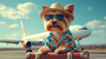 Yorkshire Terrier in Hawaiian shirt, straw hat and sunglasses stands next to suitcase, against background of airplane, concept of flying on vacation with pet.