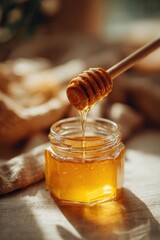Golden honey slowly dripping from wooden dipper into a small glass jar
