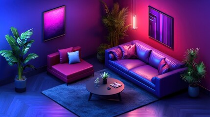 Miniature living room, purple and blue lighting, art on walls, plants, relaxing