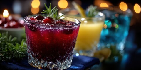 Colorful cocktails with garnishes served at a festive gathering during the evening