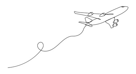 A minimalist continuous line drawing of an airplane, symbolizing travel, freedom, flight, and exploration.