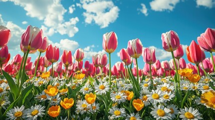Obraz premium Colorful spring tulip and daisy flower bed under a bright blue sky with fluffy white clouds, showcasing vibrant pink, yellow, and orange blooms in full bloom during daytime