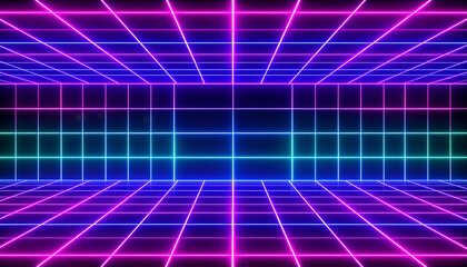 Classic 80s aesthetic featuring a neon grid on a dark, surreal backdrop.