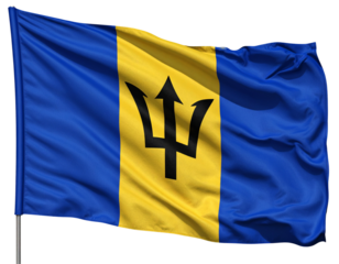 Waving Barbados Flag with Trident Emblem, Side-Angled View, Isolated PNG.